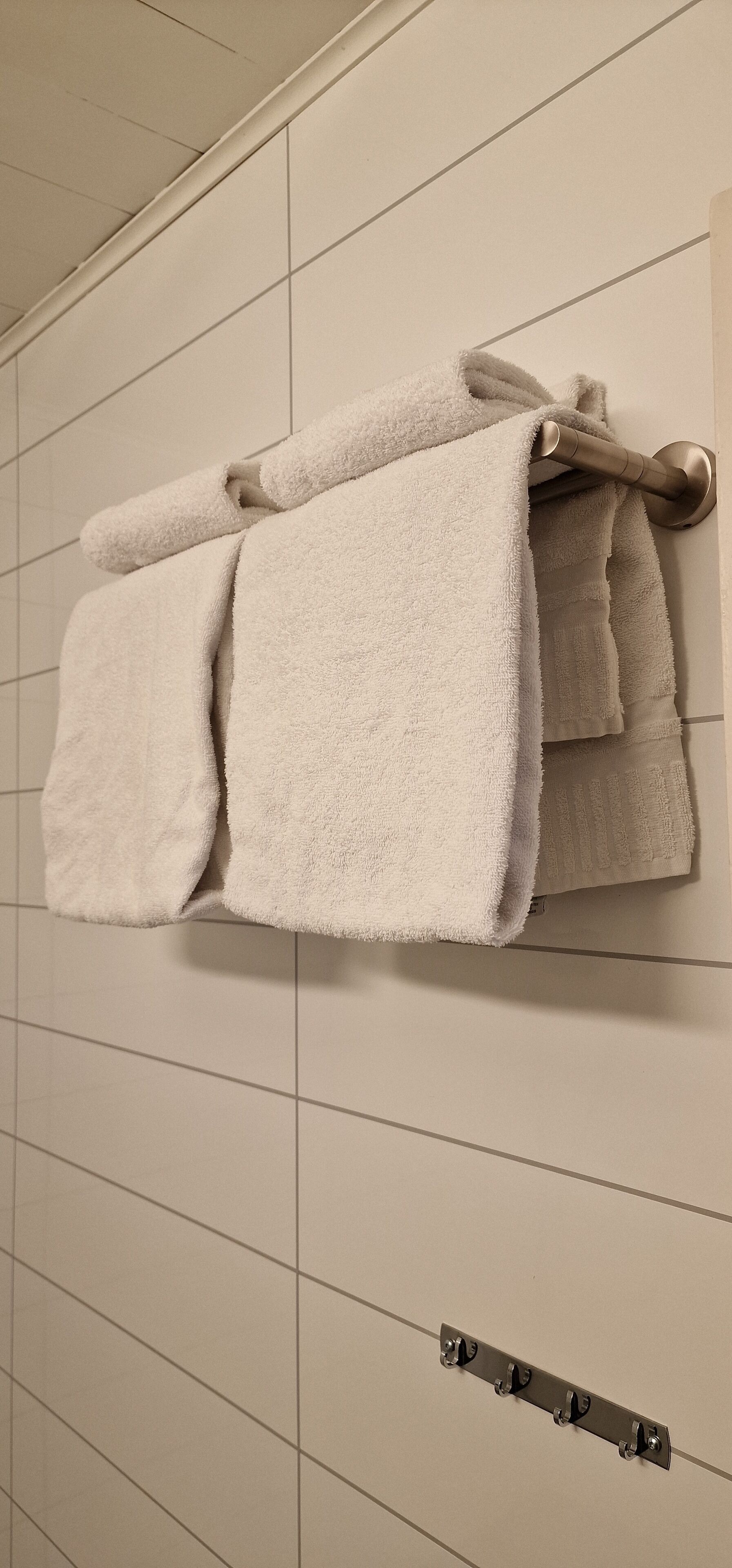 Een badkamer met een handdoekrek met twee handdoeken.