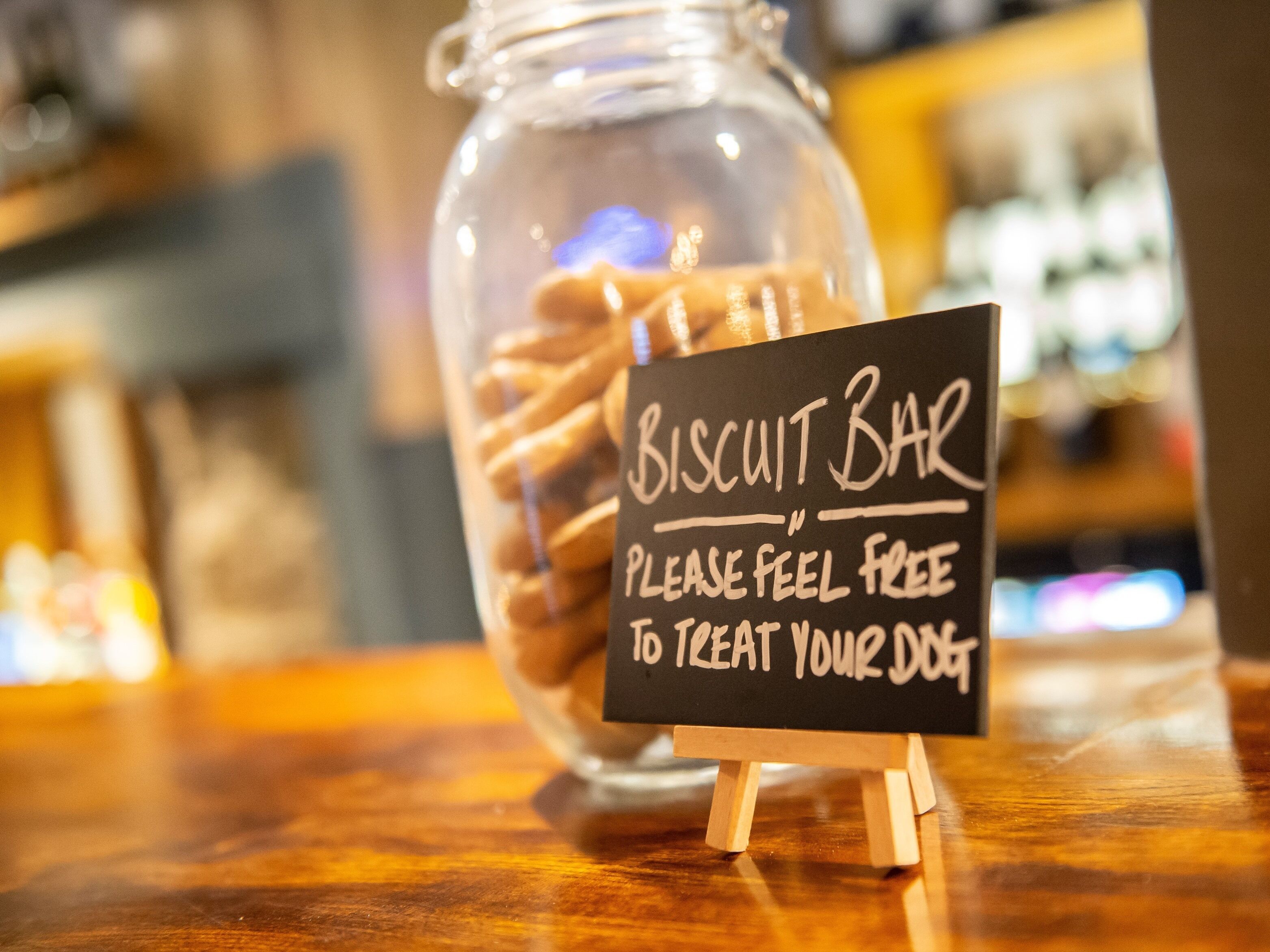 A jar filled with biscuits and a sign that reads "BISCUIT BAR PLEASE FEEL FREE TO TREAT YOUR DOG".