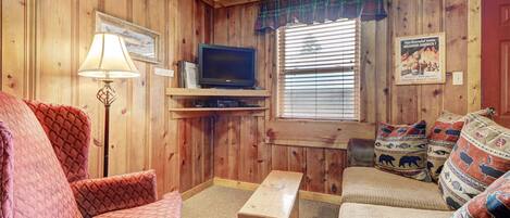 A cozy room with wooden walls, a television on a shelf, a lamp, and two sofas with patterned cushions.