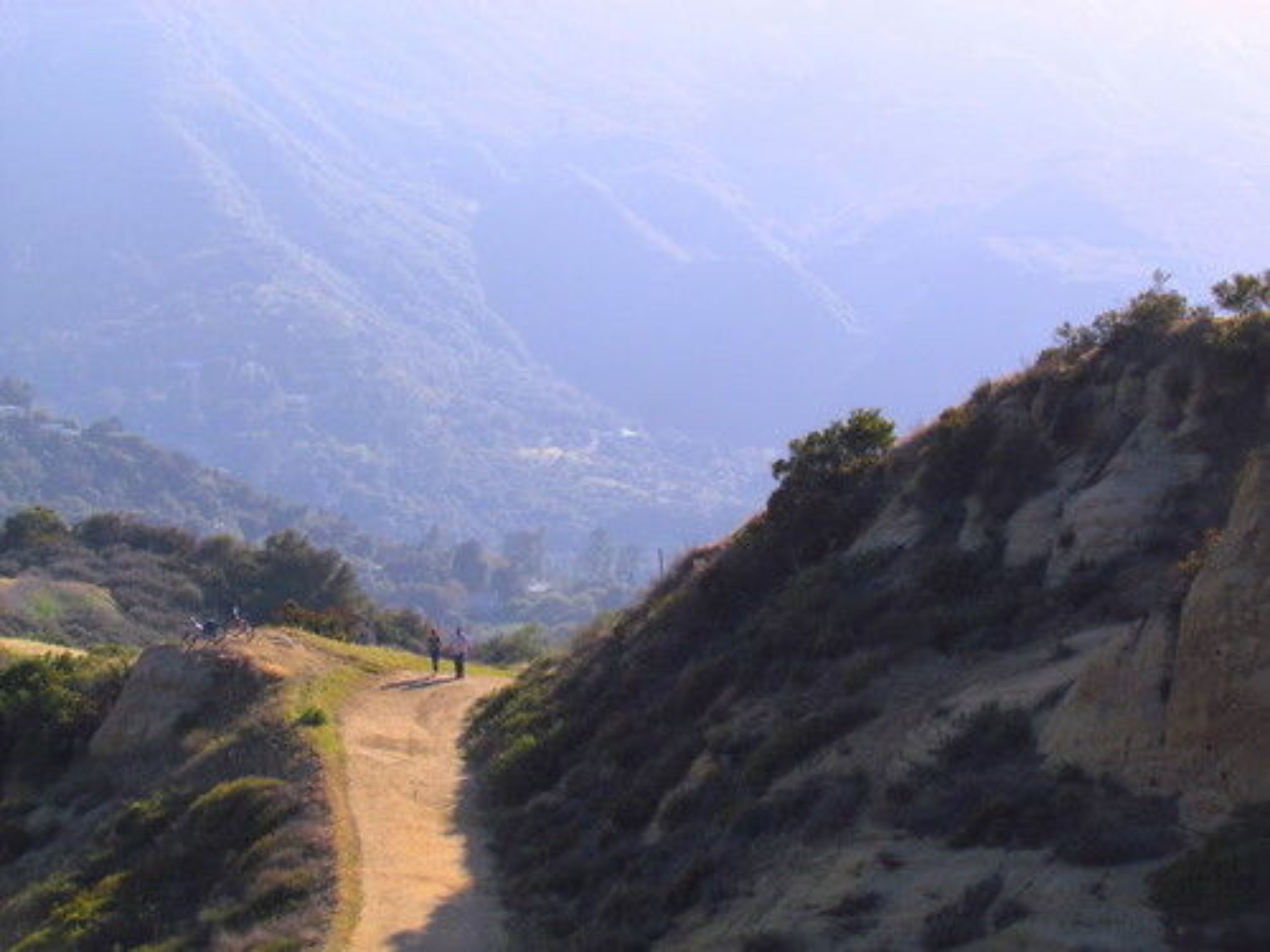 A mountain path with rocky terrain and sparse vegetation.