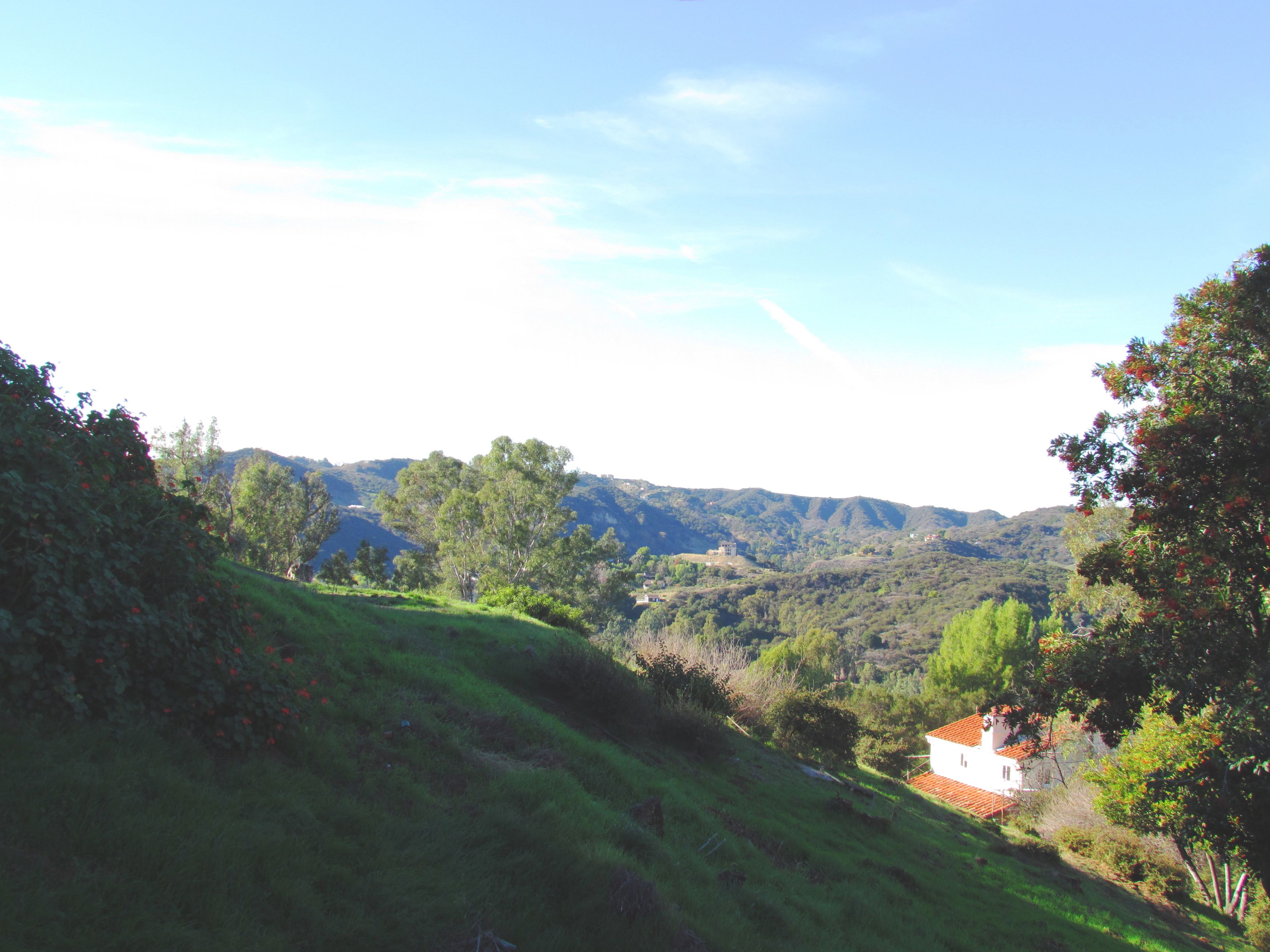 A rural landscape with rolling hills, a small white house with a red roof, and dense greenery.