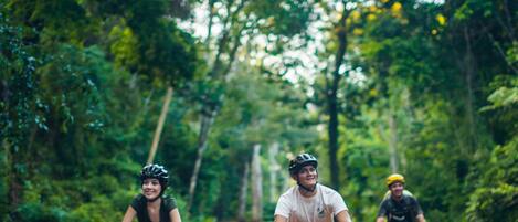 Three people riding bicycles on a paved path surrounded by greenery.