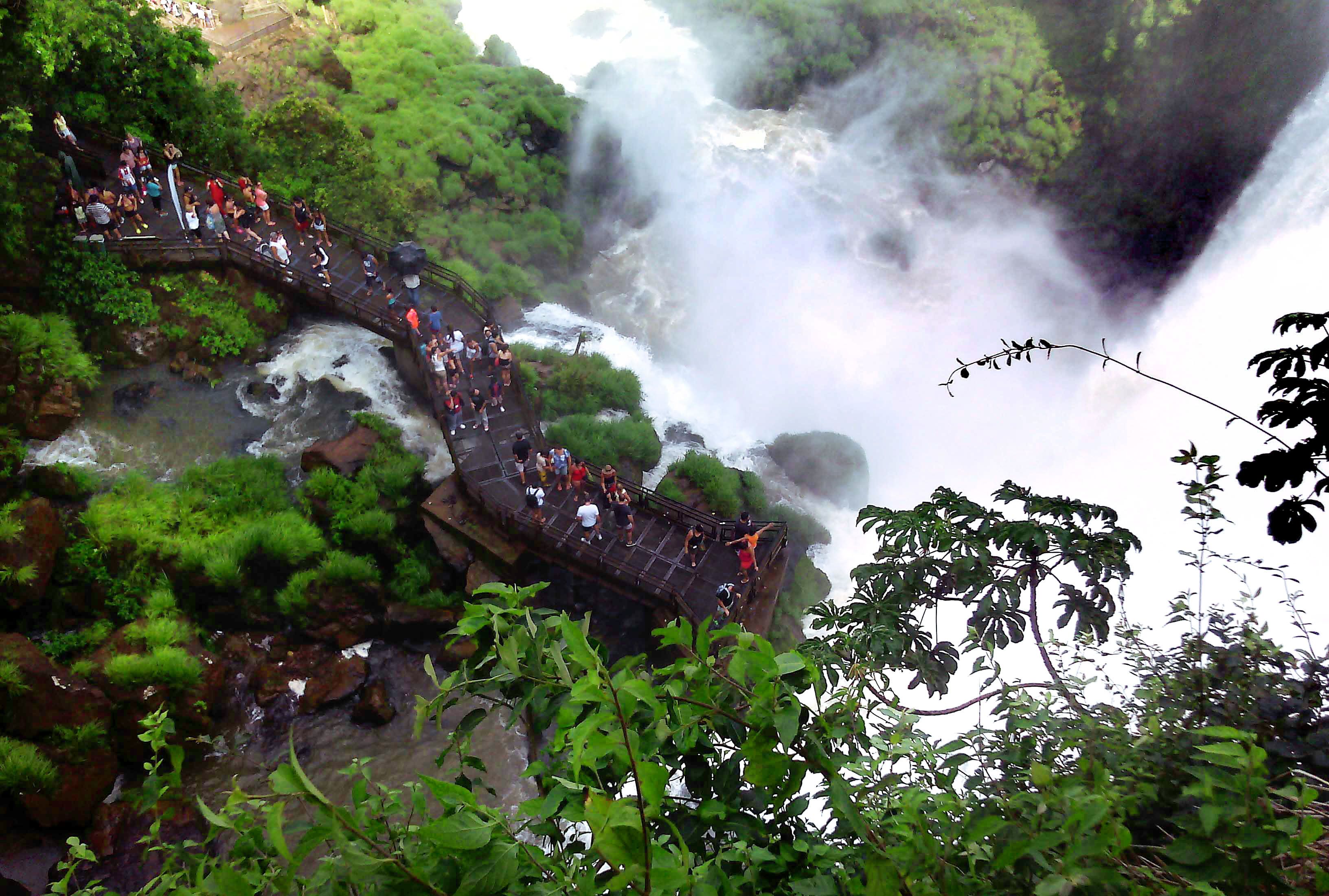 A suspension bridge over a waterfall surrounded by lush greenery.