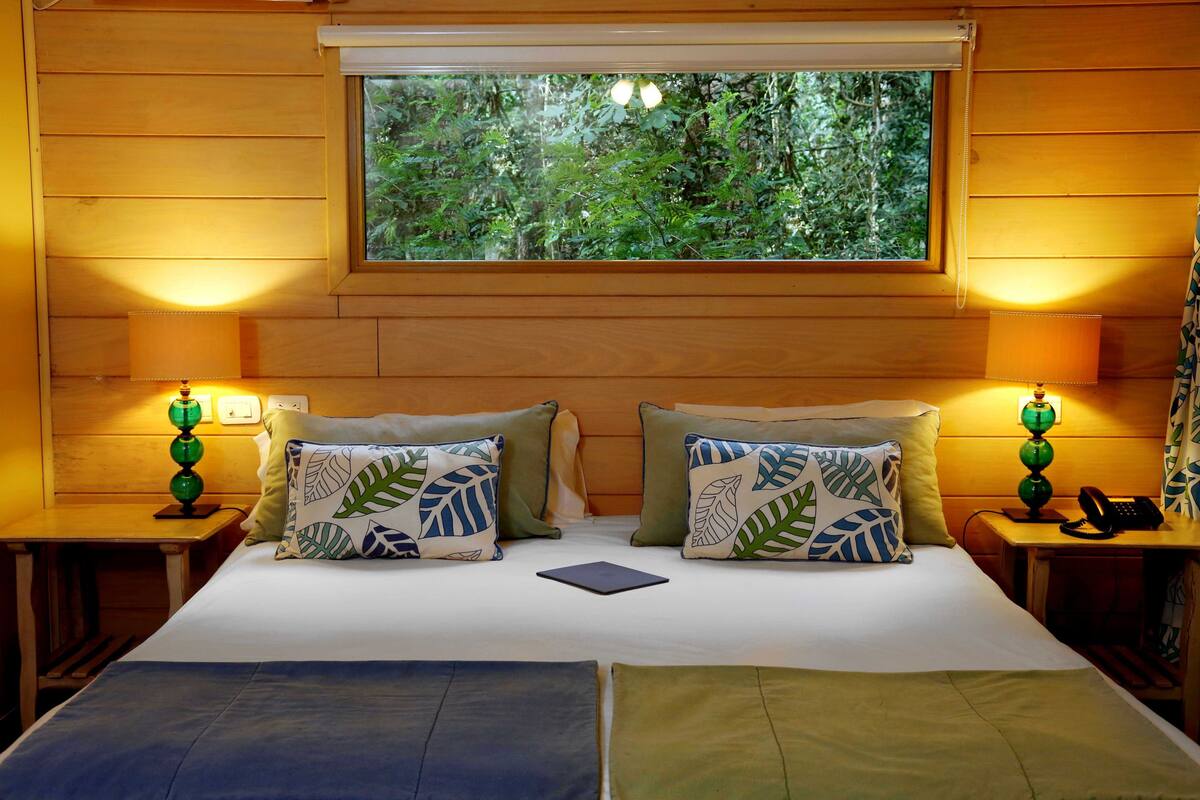 A room with a bed, two bedside tables, a window with a view of greenery, and two lamps.