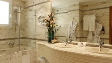Hair dryer, bathrobes, slippers, towels