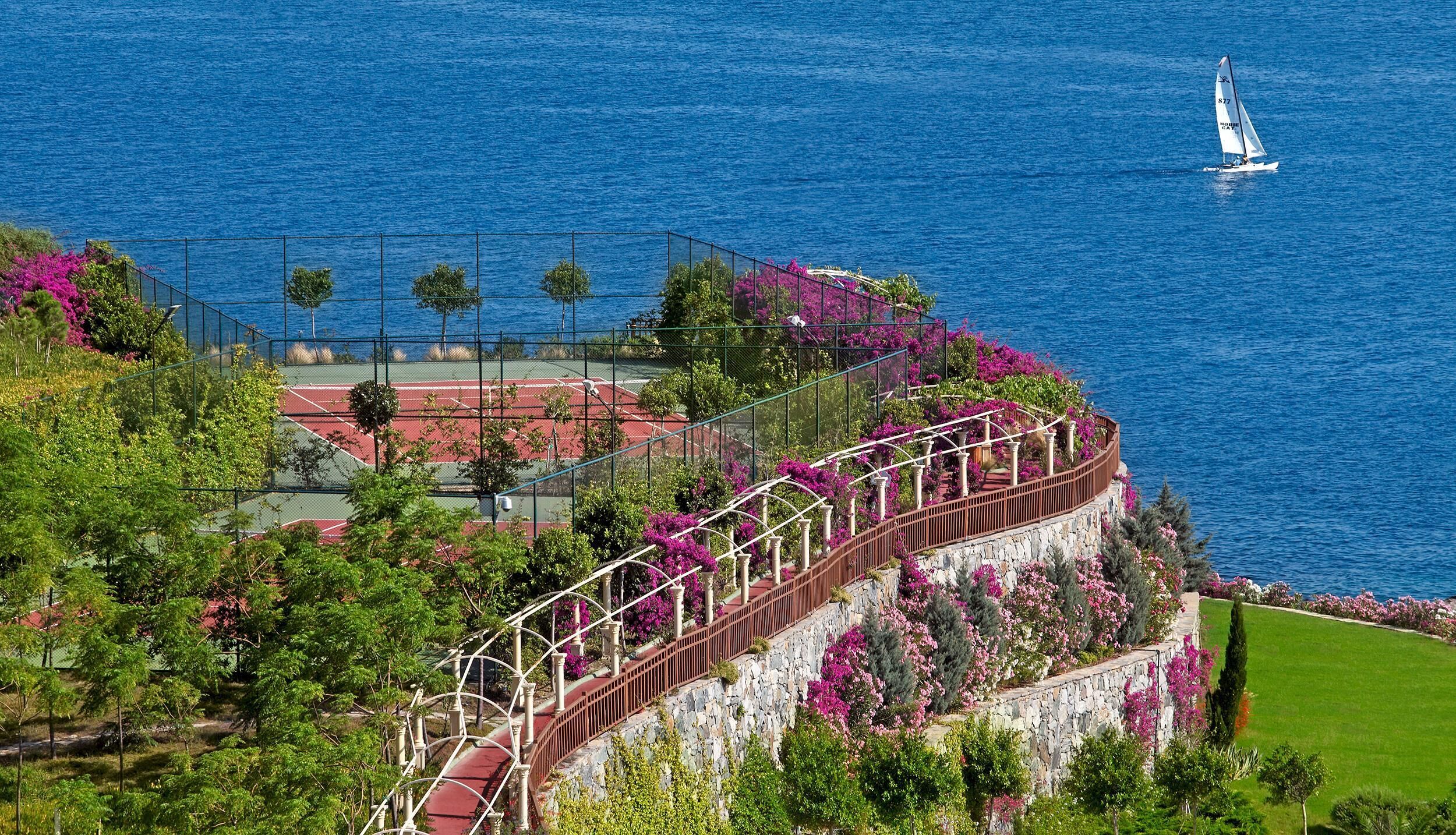 Una cancha de tenis en la costa, con un muro de piedra y flores rosadas vibrantes, con vista al mar.