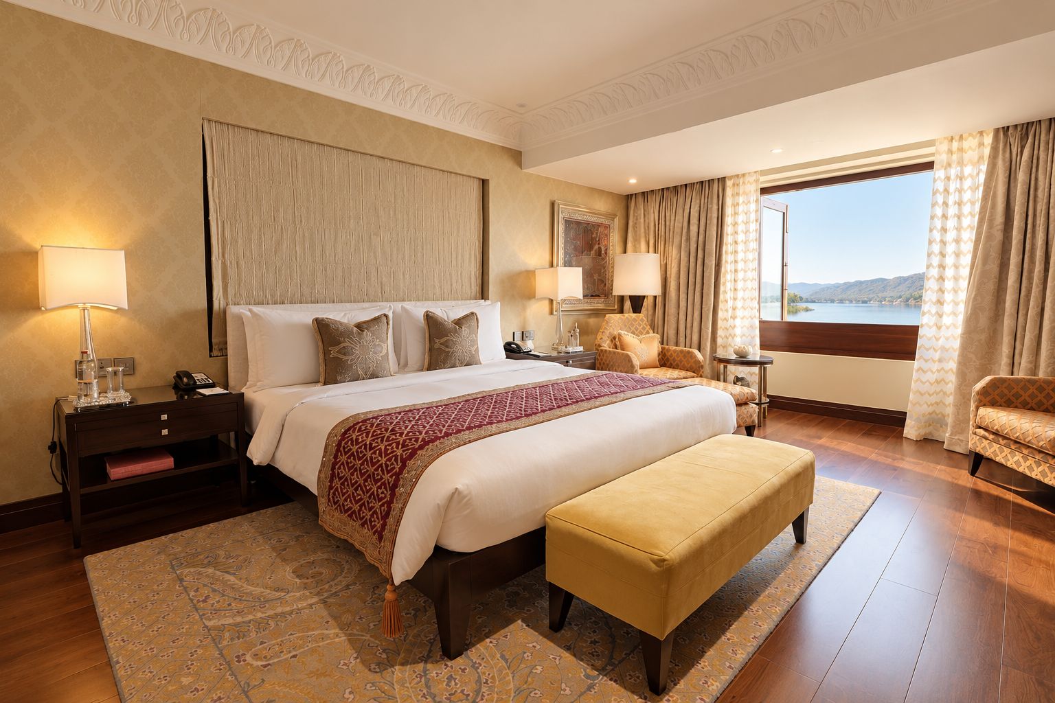 Une chambre d’hôtel avec un grand lit, des tables de chevet, une chaise, une vue sur l’extérieur et un tapis à motifs.