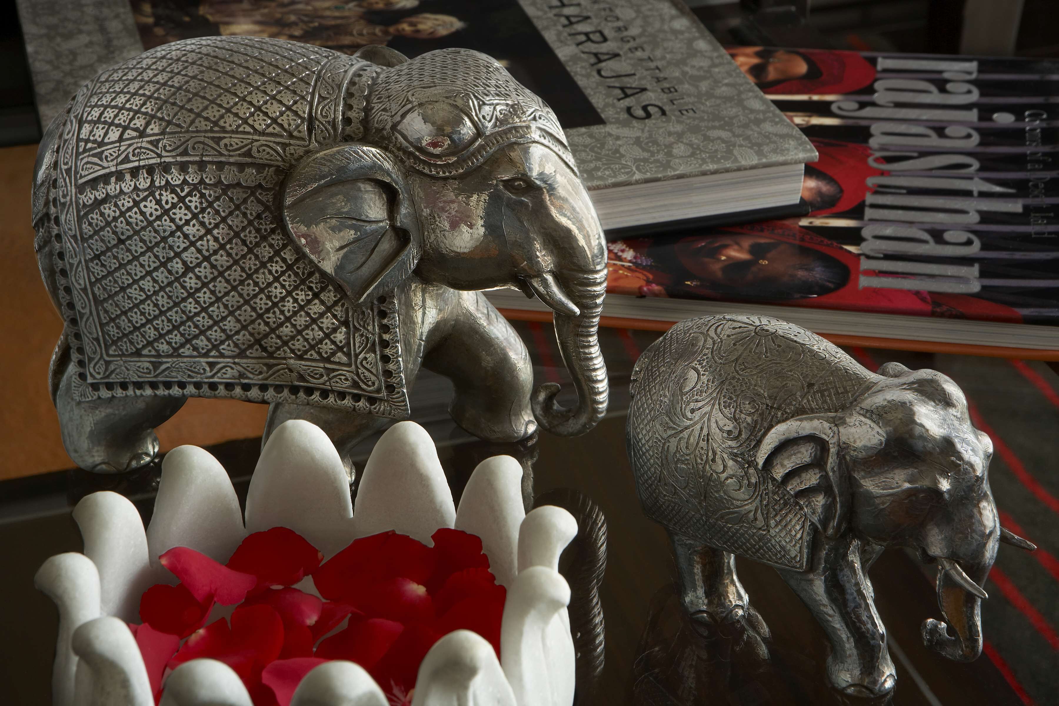 Una figurita decorativa de elefante plateado, un libro titulado 'Forgettable Charajas' y una revista con portada roja.