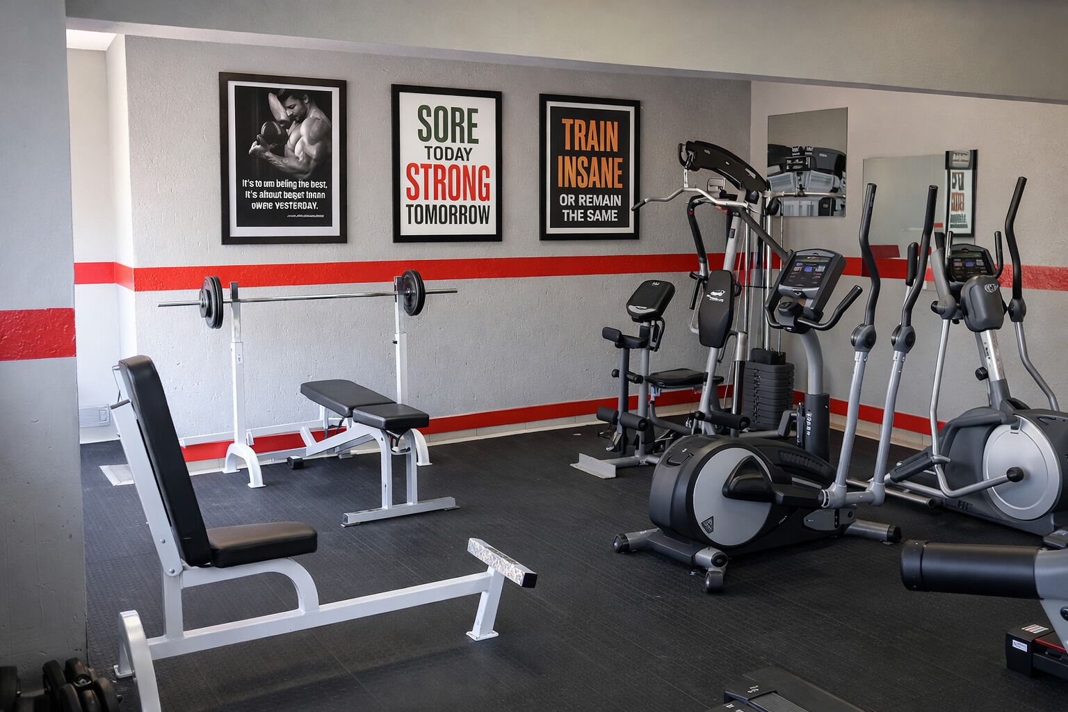 A gym with weightlifting equipment, treadmills, and exercise bikes.