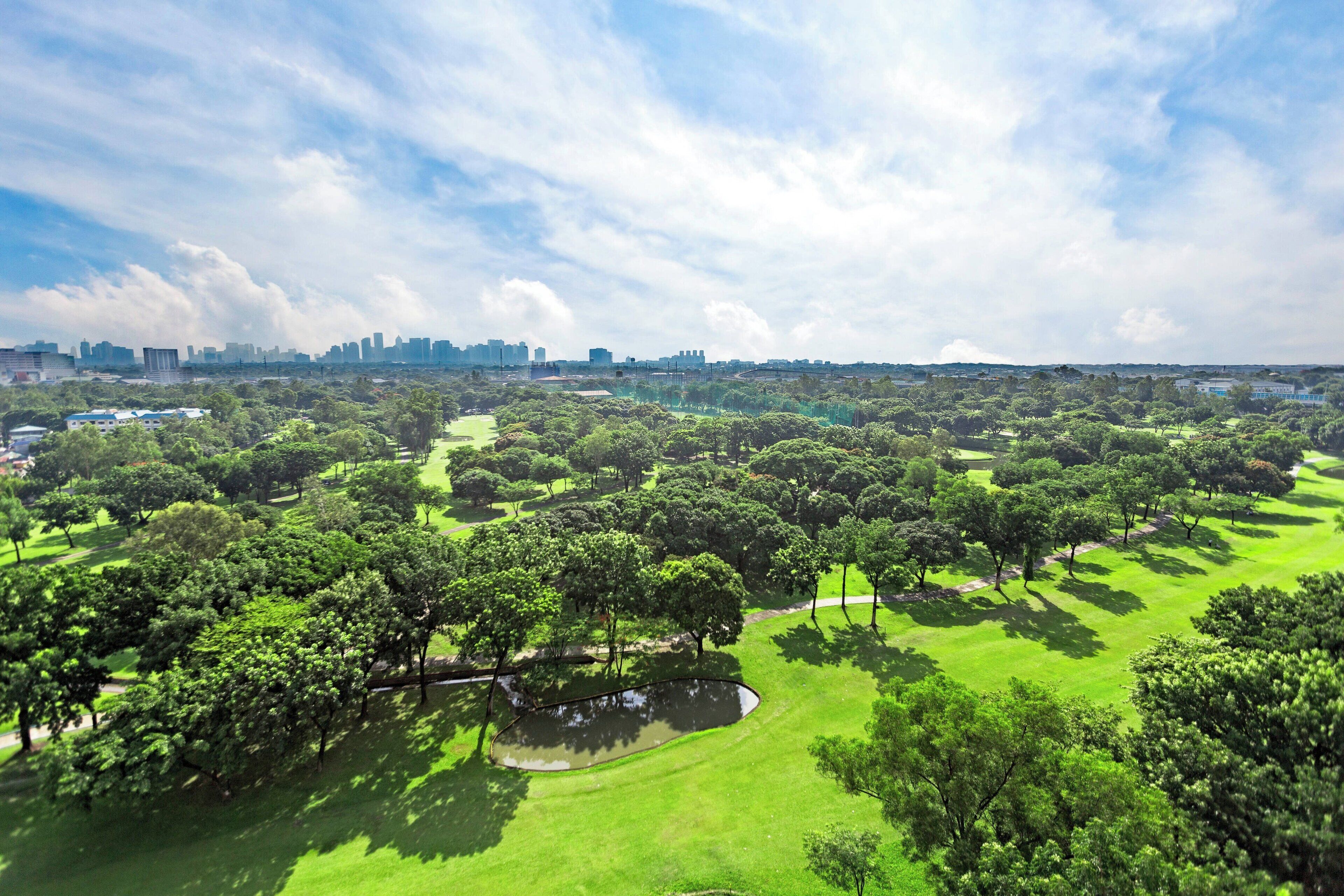 Un campo de golf con un estanque, rodeado de árboles y un horizonte urbano al fondo.