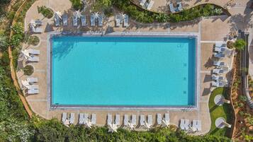 Vista aérea de una piscina rectangular rodeada de sillas de descanso y sombrillas, con un área ajardinada y árboles alrededor.
