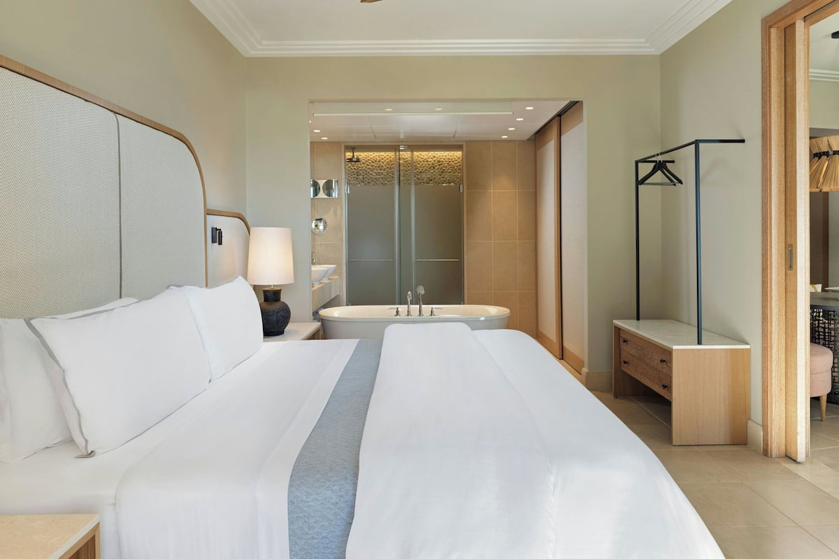 A hotel room with a large bed, a bathroom with a bathtub, a desk, and a wardrobe.