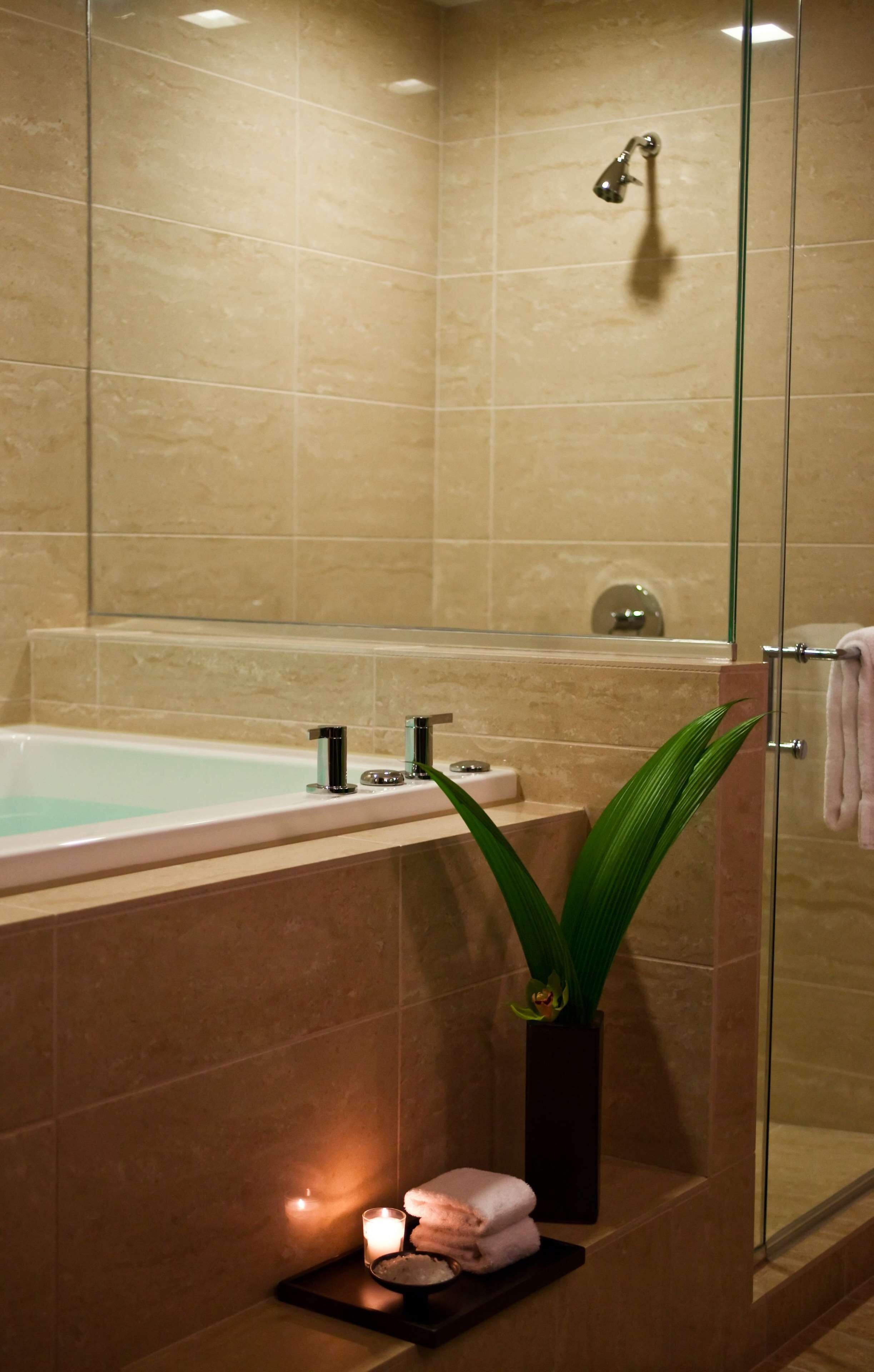 designer toiletries, hair dryer, bathrobes, towels