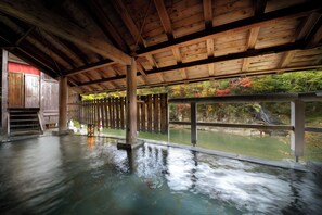 A wooden structure with a view of a water body and a forest.
