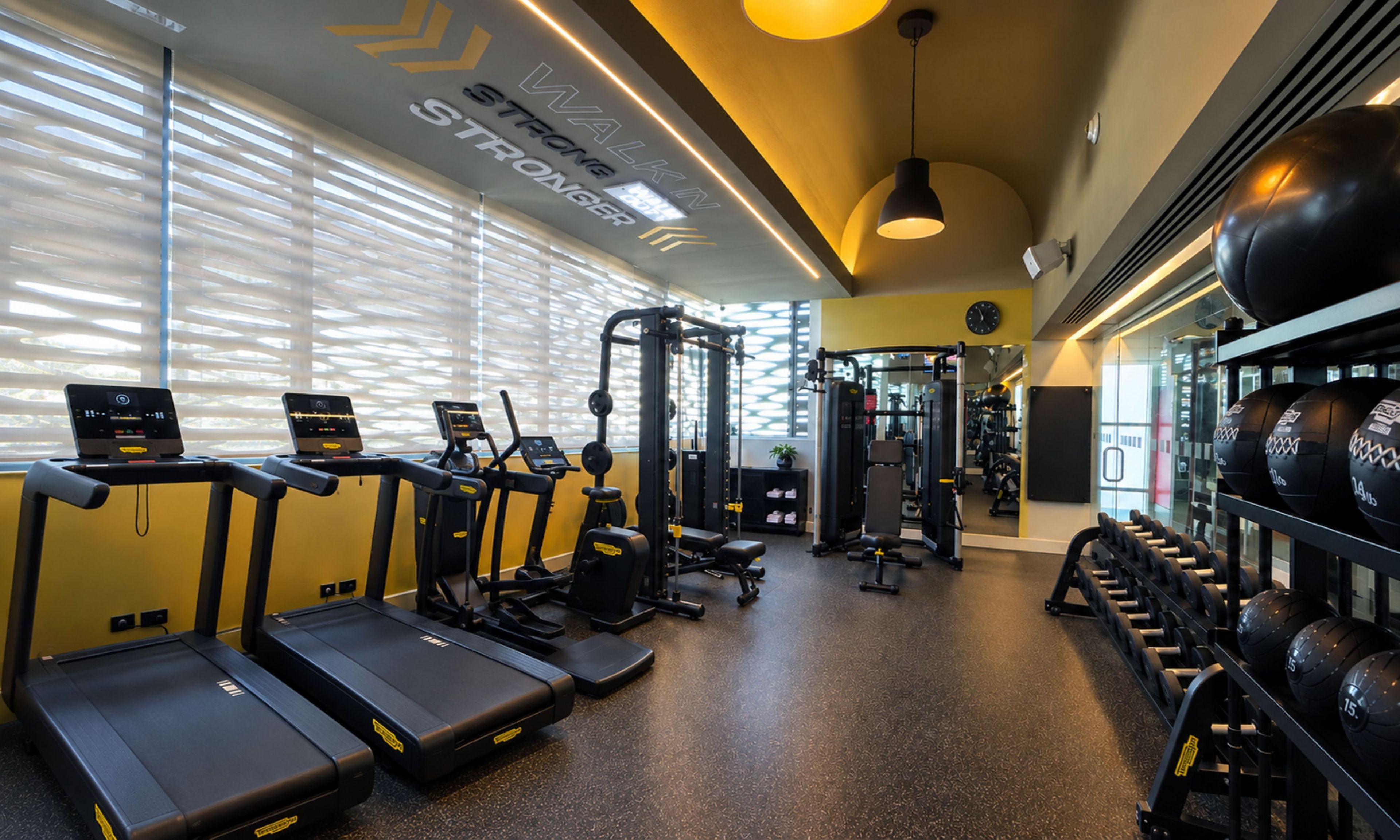 Un gimnasio con cintas de correr, máquinas de pesas y mancuernas.