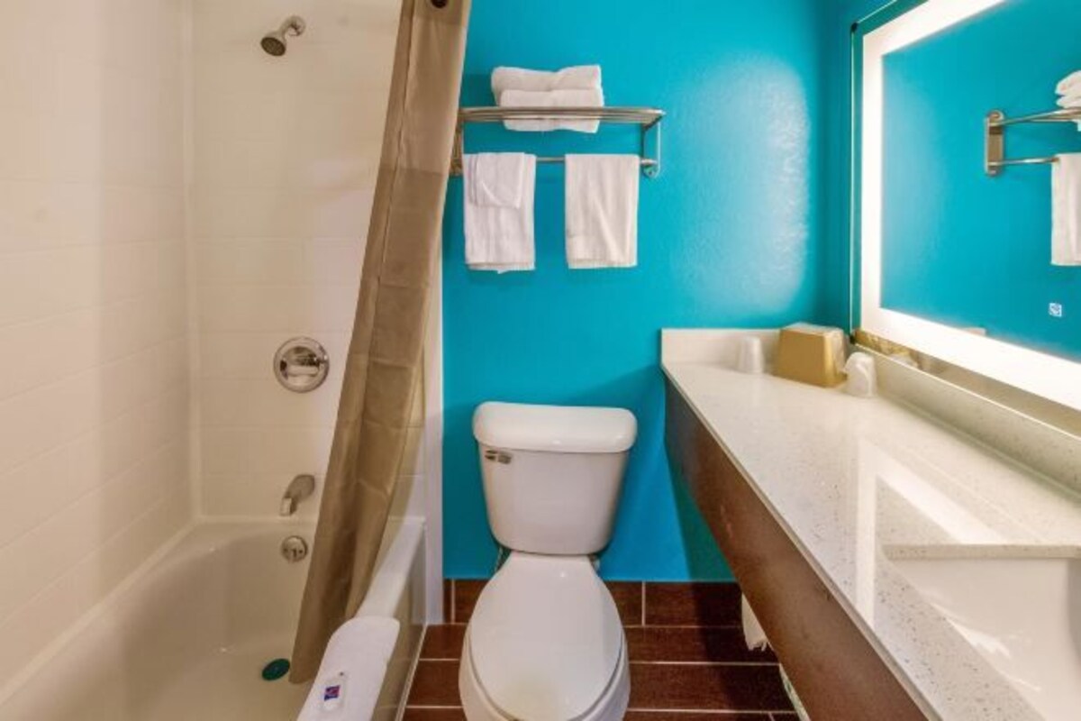 A bathroom with a toilet, a shower, and a sink.