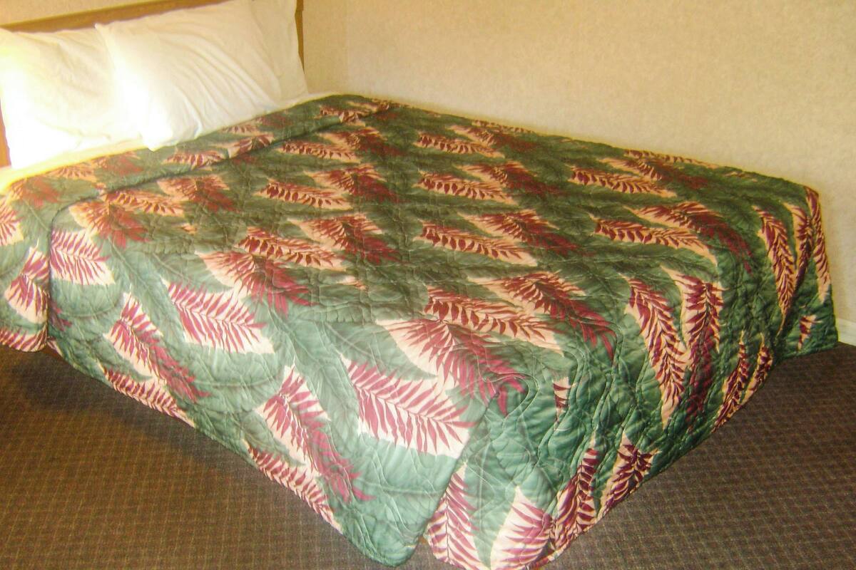 A standard hotel room with a bed, a nightstand, and a lamp.
