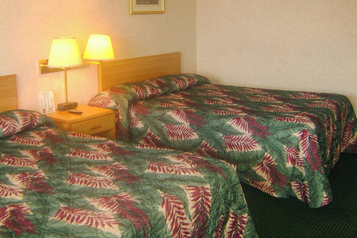 A hotel room with two beds, each with a patterned bedspread, a nightstand with a lamp, and a wall-mounted picture frame.
