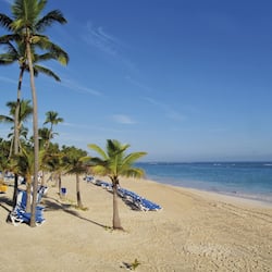 On the beach, sun loungers, beach umbrellas, beach towels