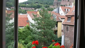 A window view of a town with buildings, a church, and a hill in the background. - Hotel & Restaurant Hackteufel (Heidelberg)