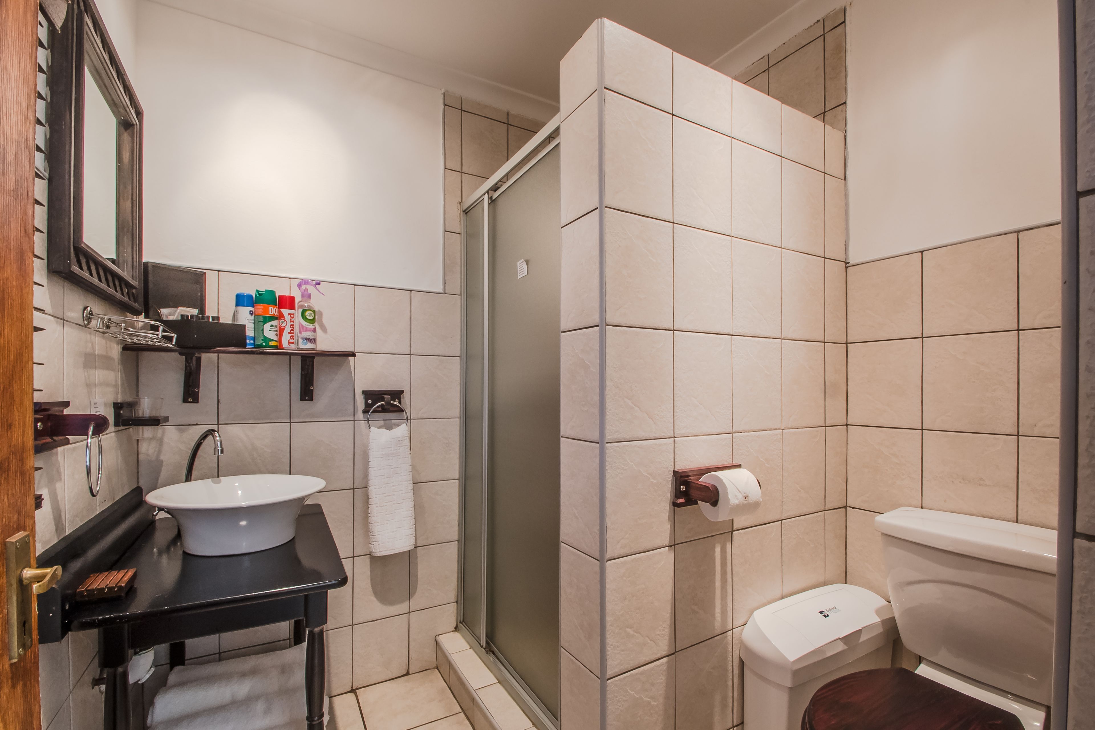 A bathroom with a sink, mirror, shower, toilet, and shelves with toiletries.