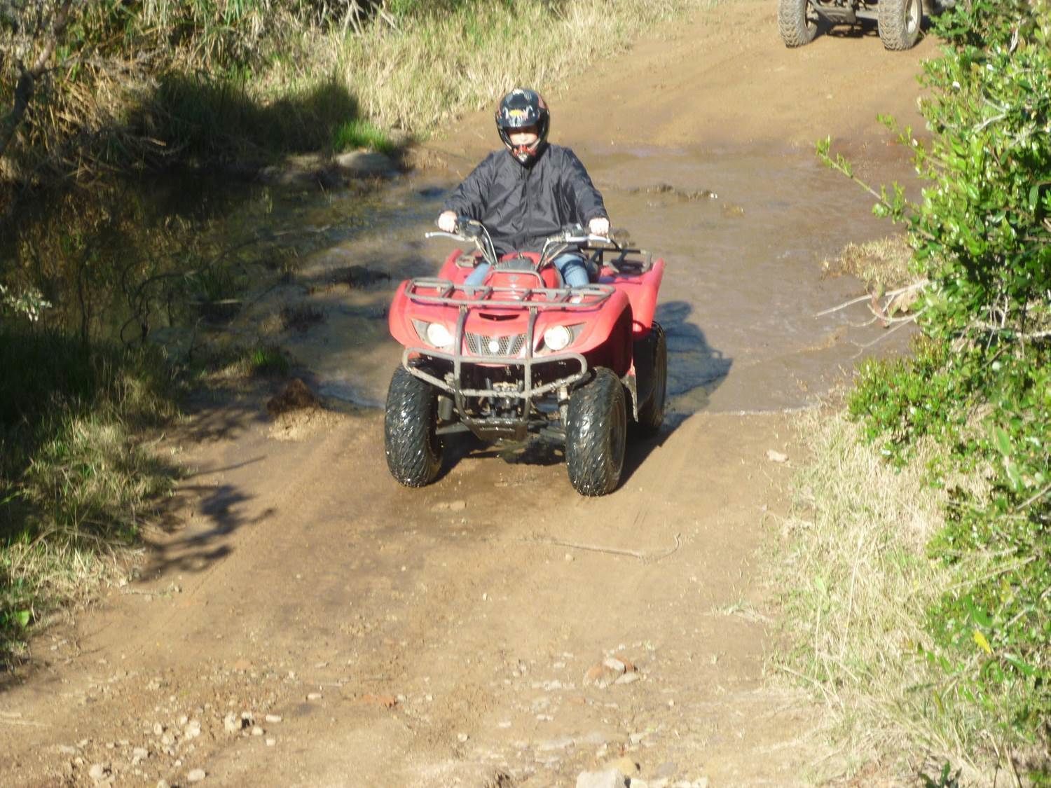 Una persona guida un quad rosso su un sentiero sterrato circondato dal verde.