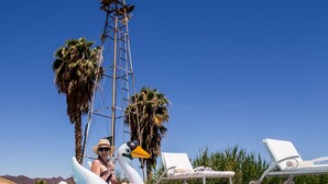 A pool with clear water, a person on a swan float, lounge chairs, palm trees, and a windmill. - De Zeekoe Guest Farm (Oudtshoorn)