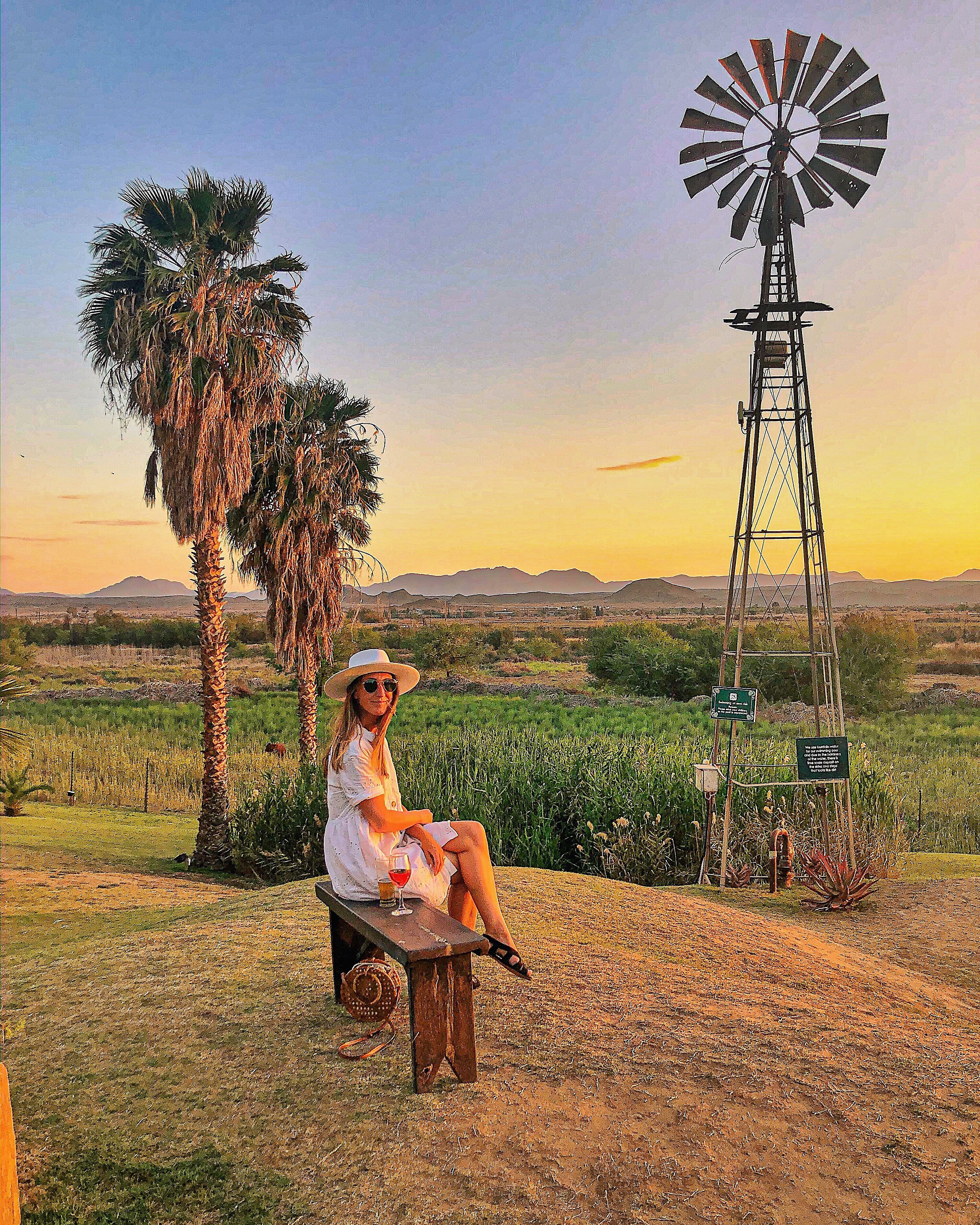 A woman sitting on a bench in a field with a windmill in the background.