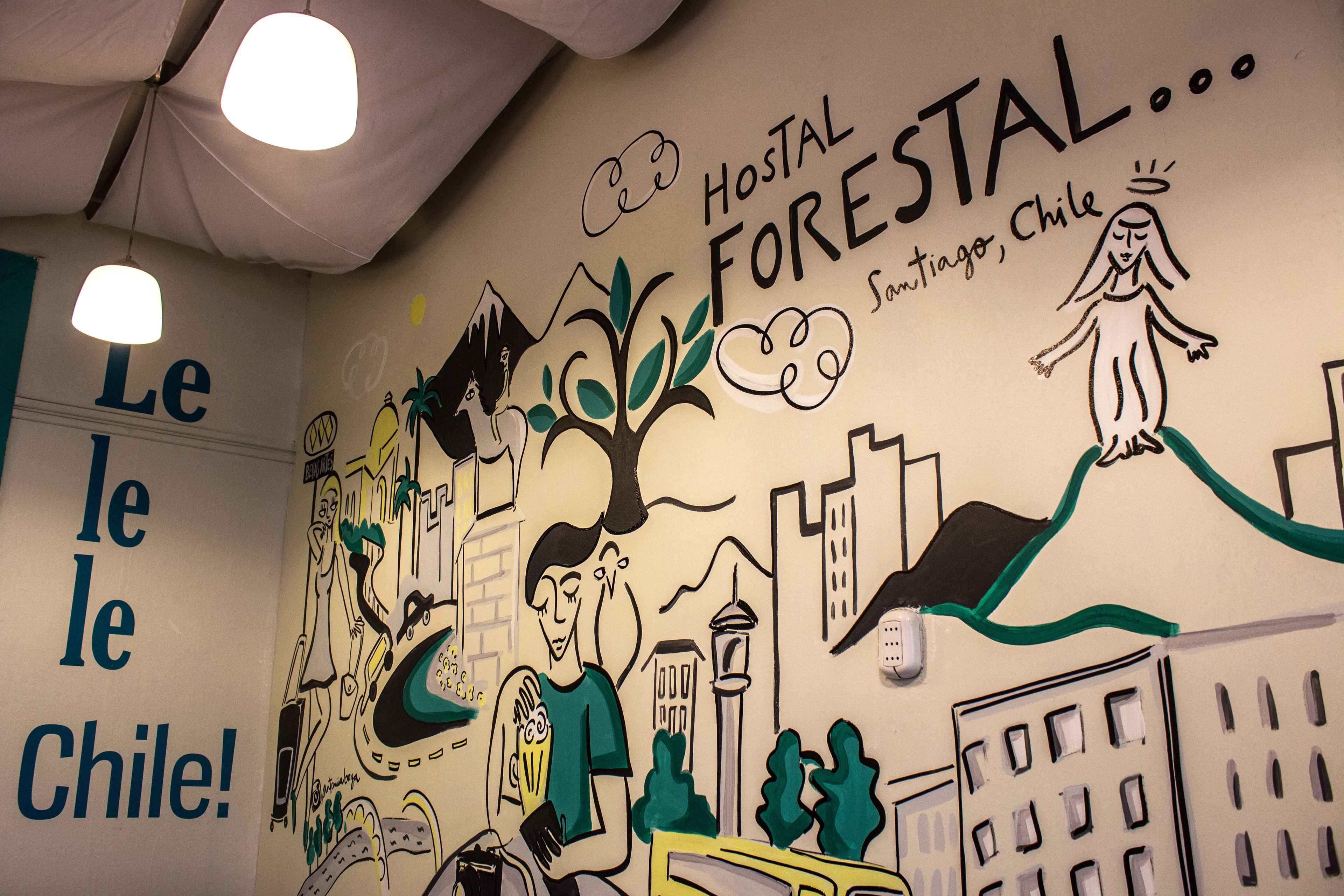 A wall with a mural depicting a cityscape and a person holding a phone, with text 'Hostal Forestal... Santiago, Chile!' and 'Le le Chile!'