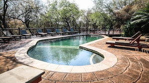 Una piscina al aire libre, sombrillas, sillones reclinables de piscina