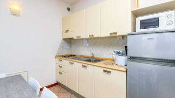 A compact kitchen with a stainless steel refrigerator, a microwave, and a sink.