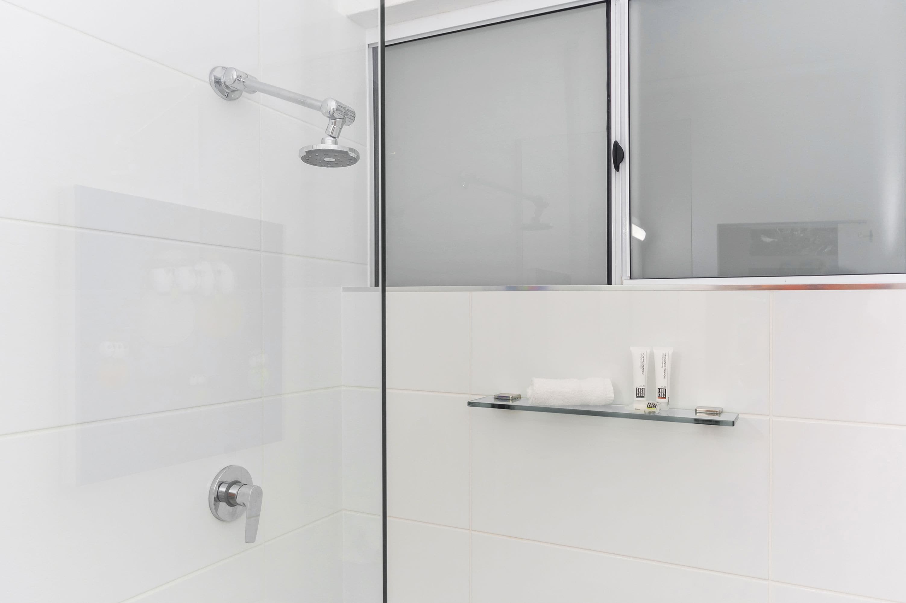 A modern bathroom with a glass shower enclosure, a toilet paper holder, and a towel rack.