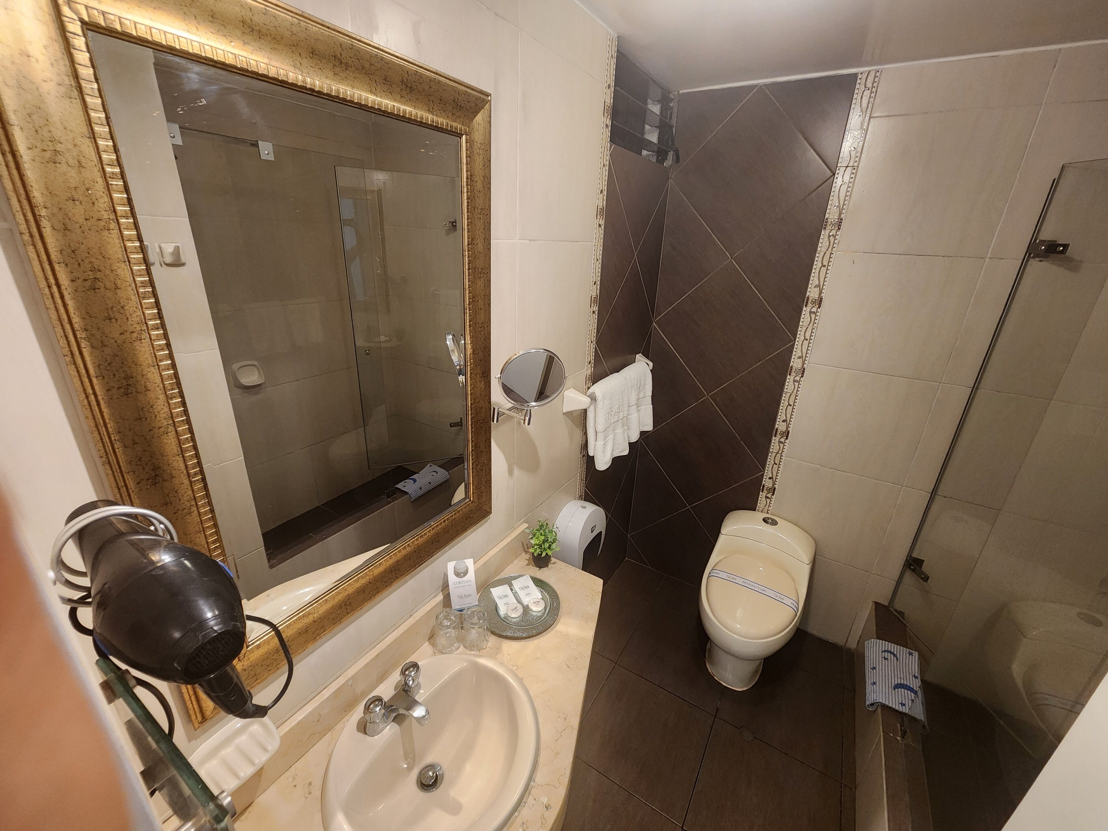 A bathroom with a large mirror, a sink, a toilet, and a shower.