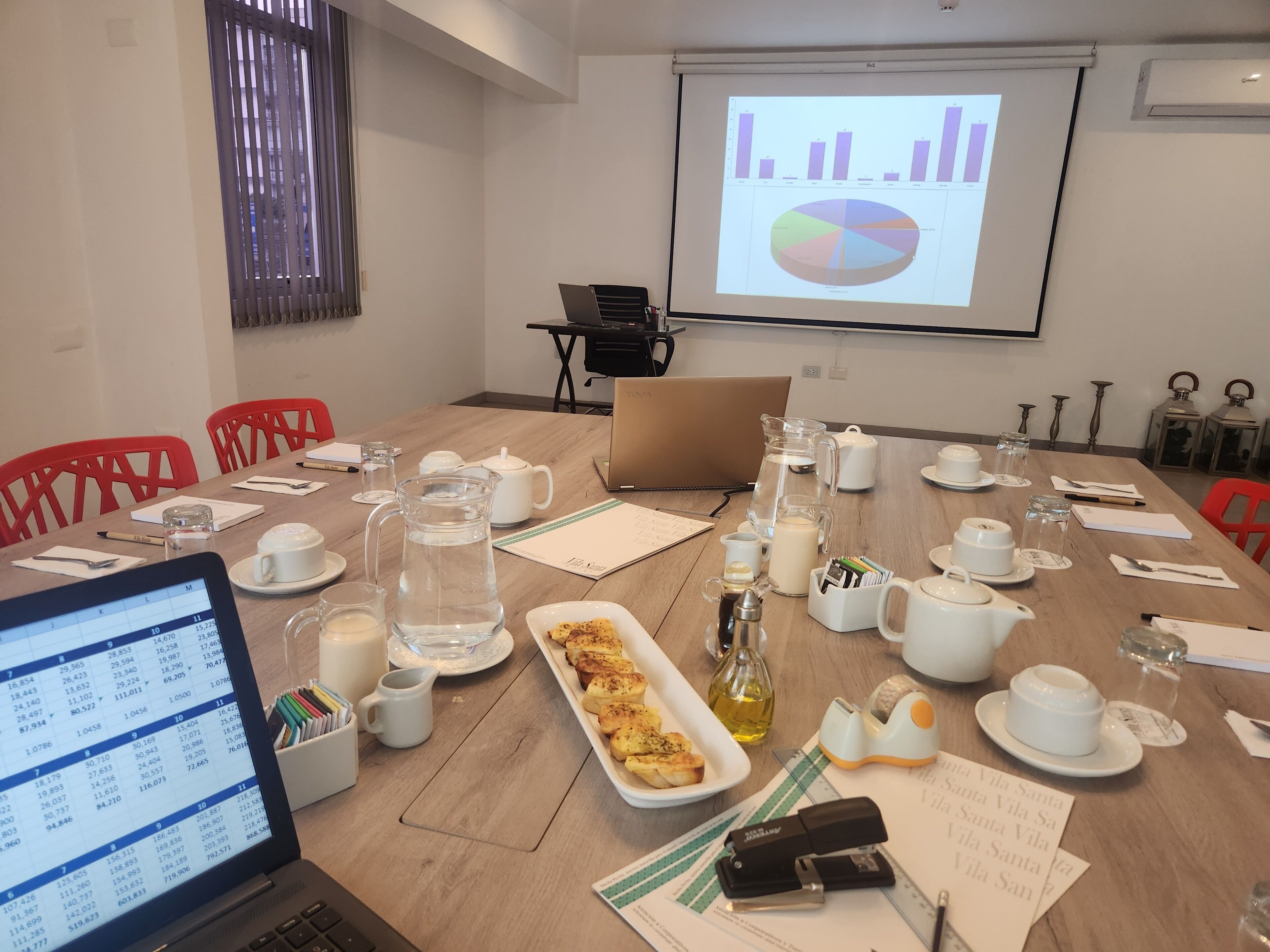 Sala de conferência com tela de projeção, laptop, cantinho do café e um laptop exibindo uma planilha.