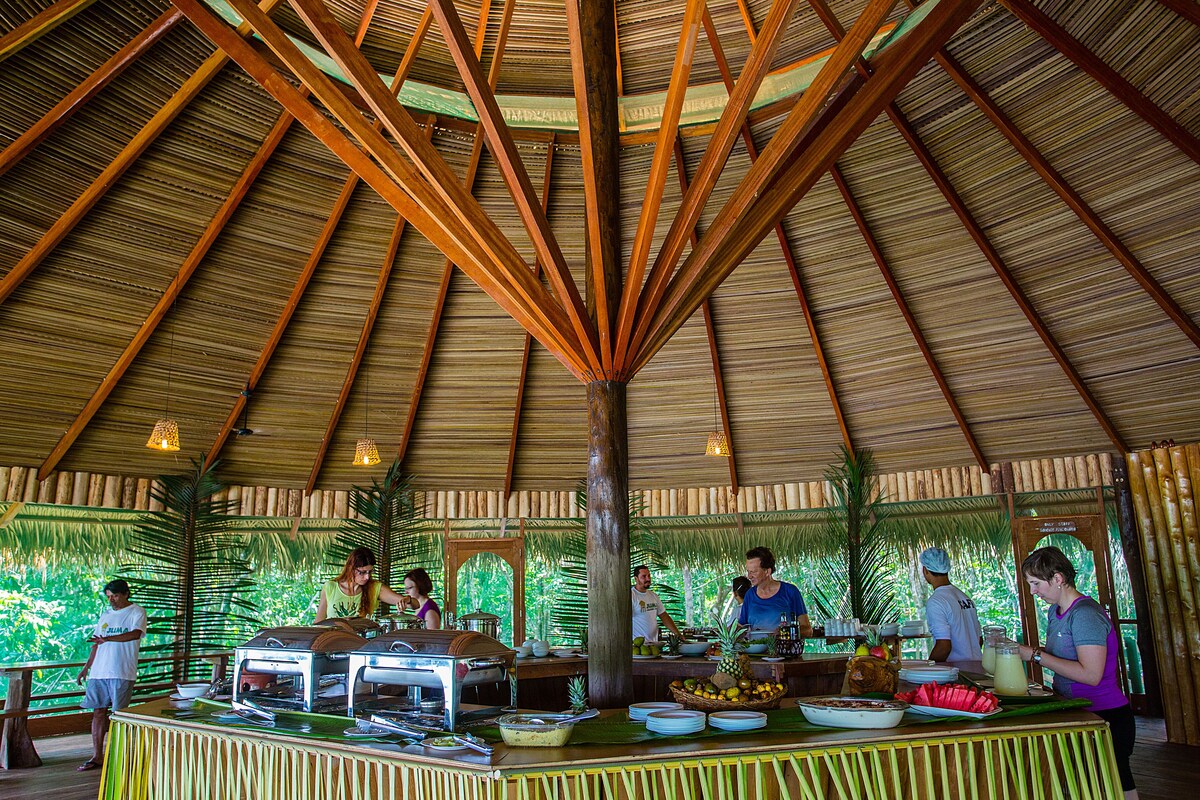 Restaurante com vista para a floresta.