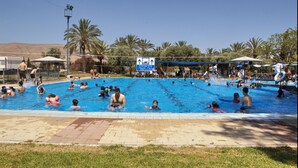 A swimming pool with people in the water, surrounded by palm trees and a clear sky. - Kibbutz Ashdot Yaacov Ichud Country Lodging (Emek HaYarden)