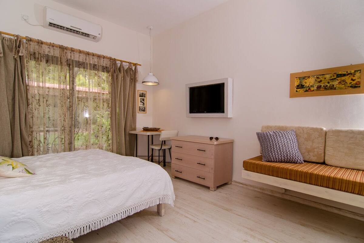 A bedroom with a bed, a desk, a sofa, and a TV.