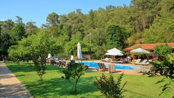 Outdoor pool, pool umbrellas, sun loungers