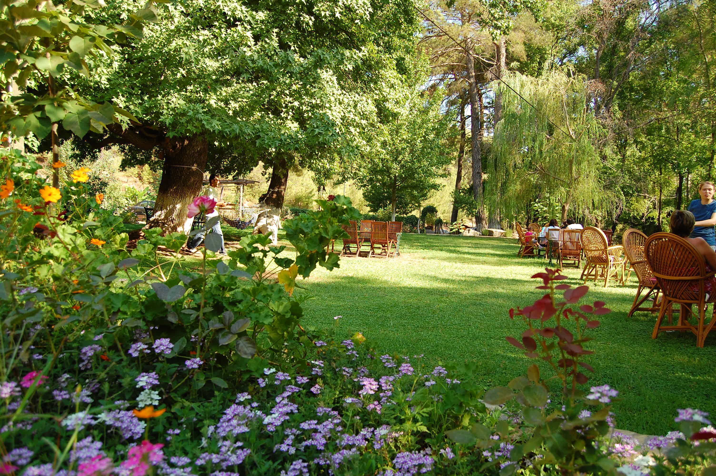 An outdoor seating area with wooden chairs and tables, surrounded by lush greenery and flowering plants.