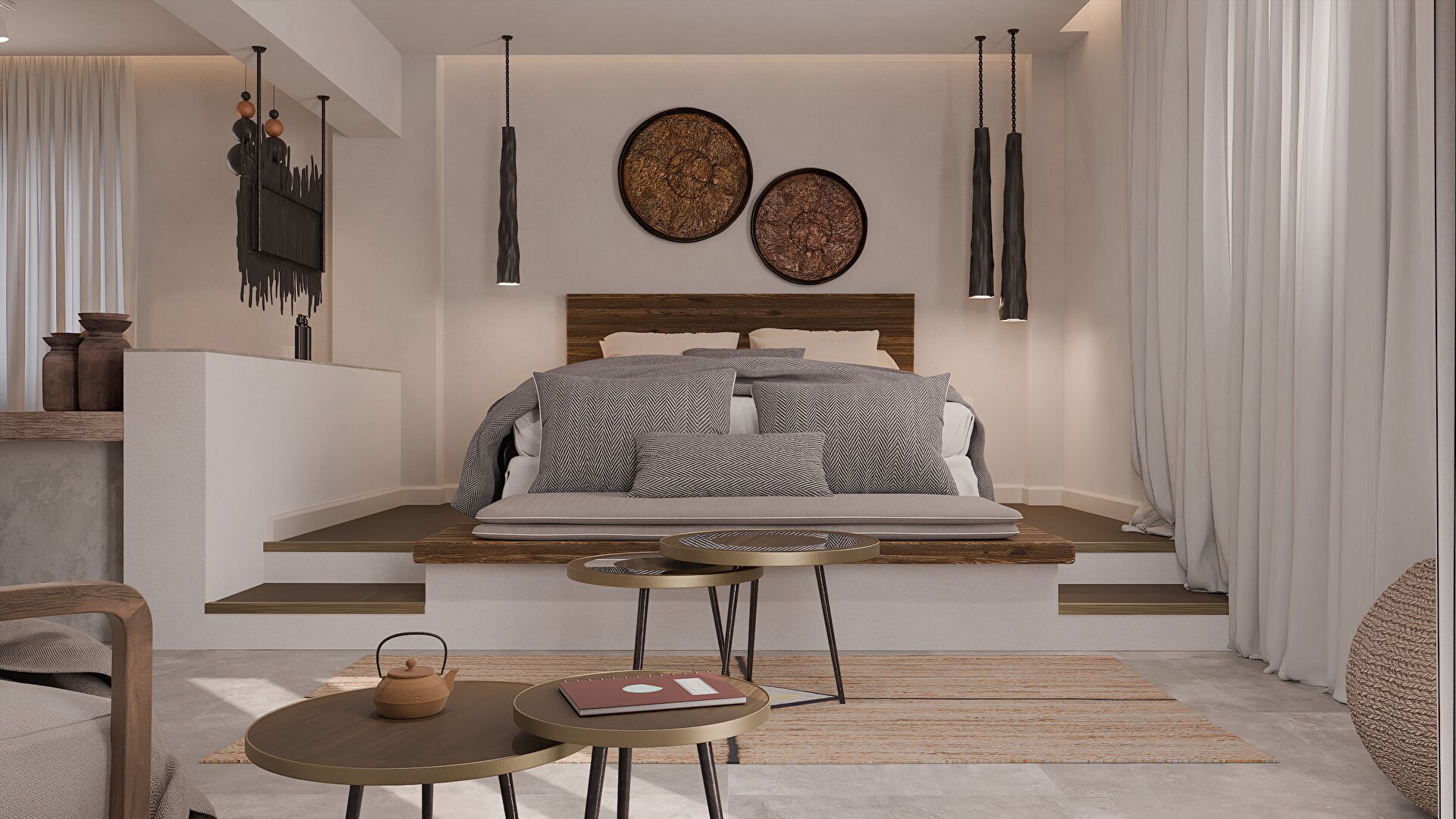 A modern bedroom with a loft bed, a small round table with a teapot, and a laptop.