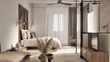 Junior Suite, 1 Queen Bed, Patio, Courtyard View | Egyptian cotton sheets, premium bedding, pillow-top beds, minibar
