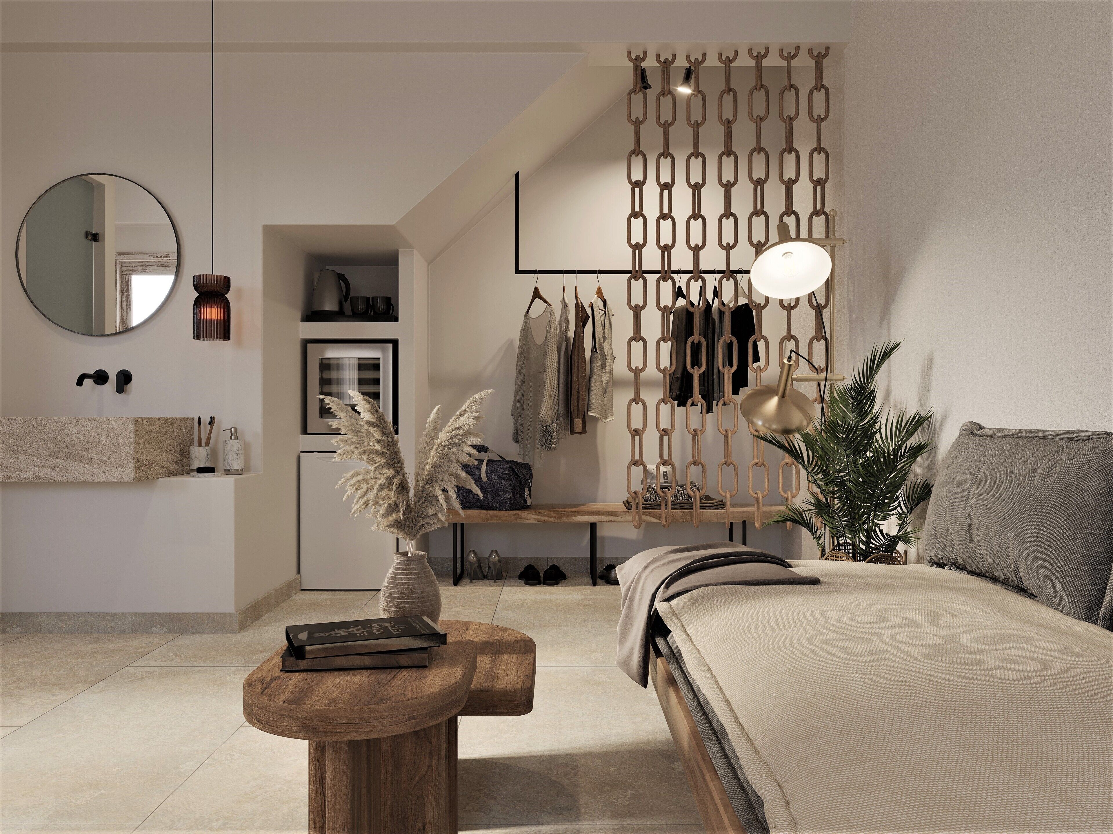Un dormitorio moderno con cama, mesita de noche y lámpara colgante.