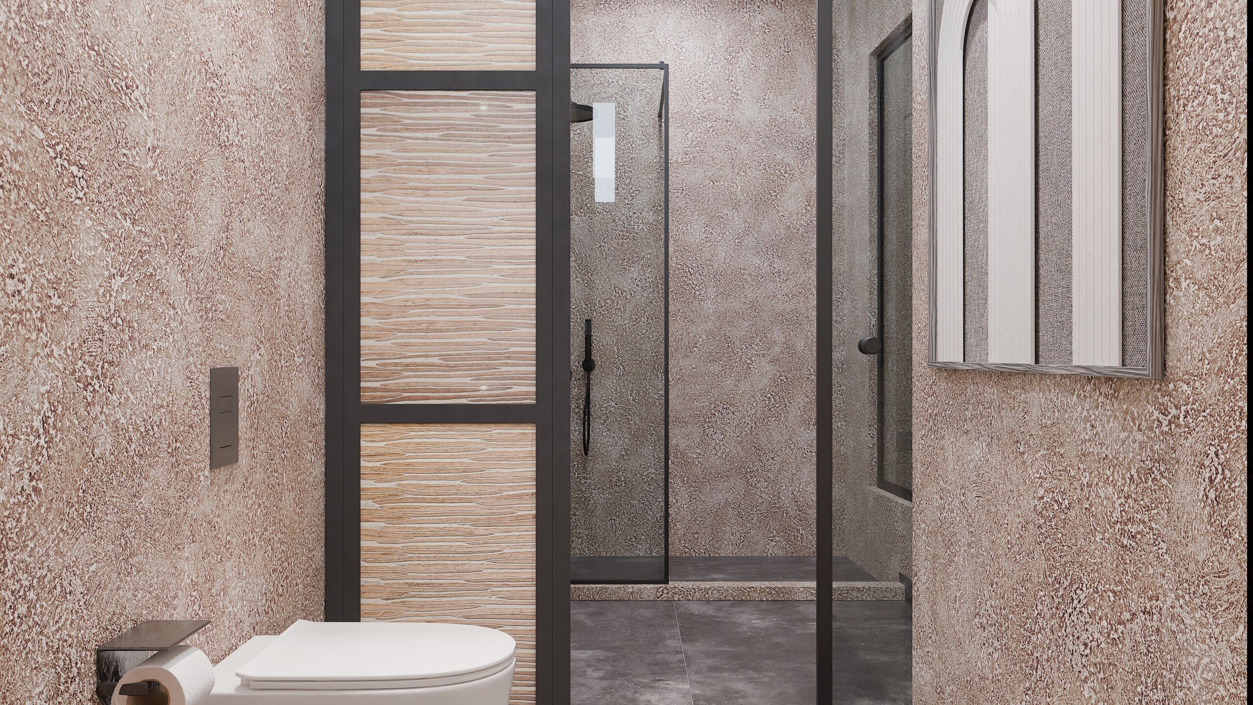 Une salle de bain moderne équipée d’une douche, de toilettes et d’un miroir.
