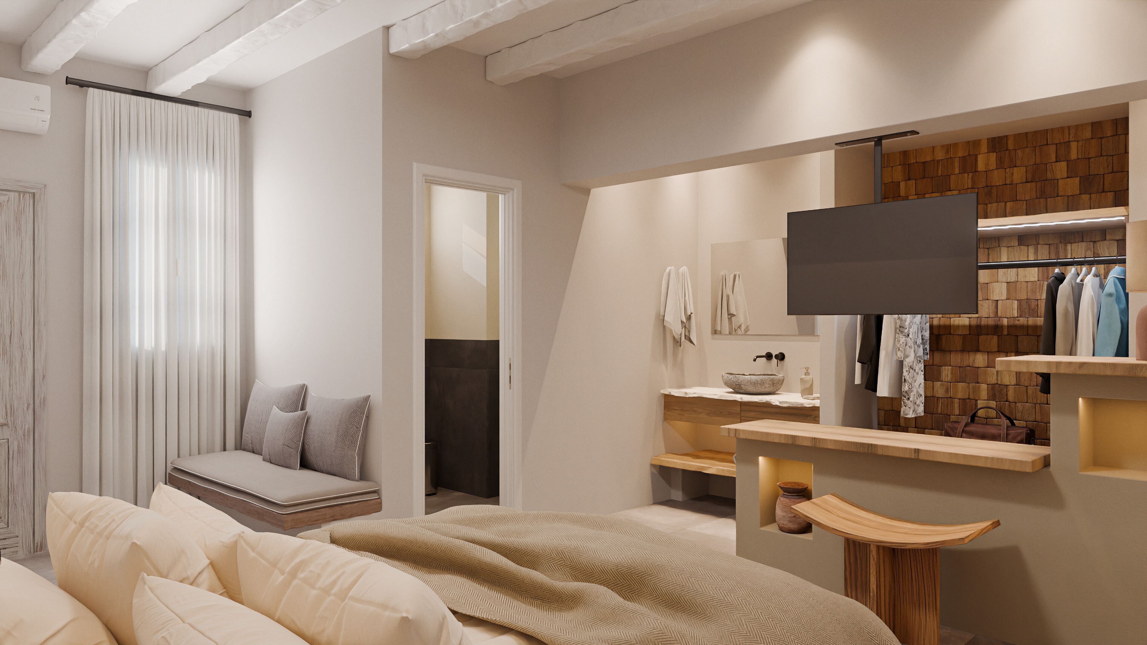 Un dormitorio moderno con cama, televisor, tocador con espejo y perchero.