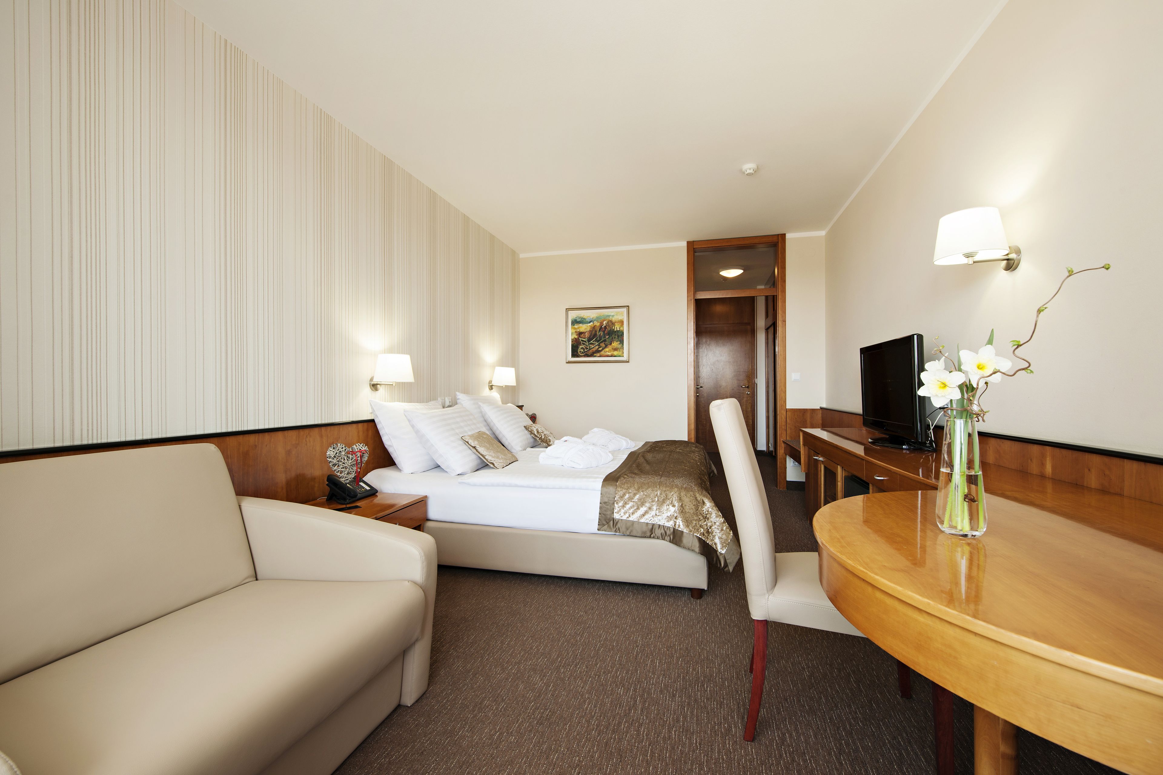 A hotel room with a bed, a sofa, a desk, and a television.