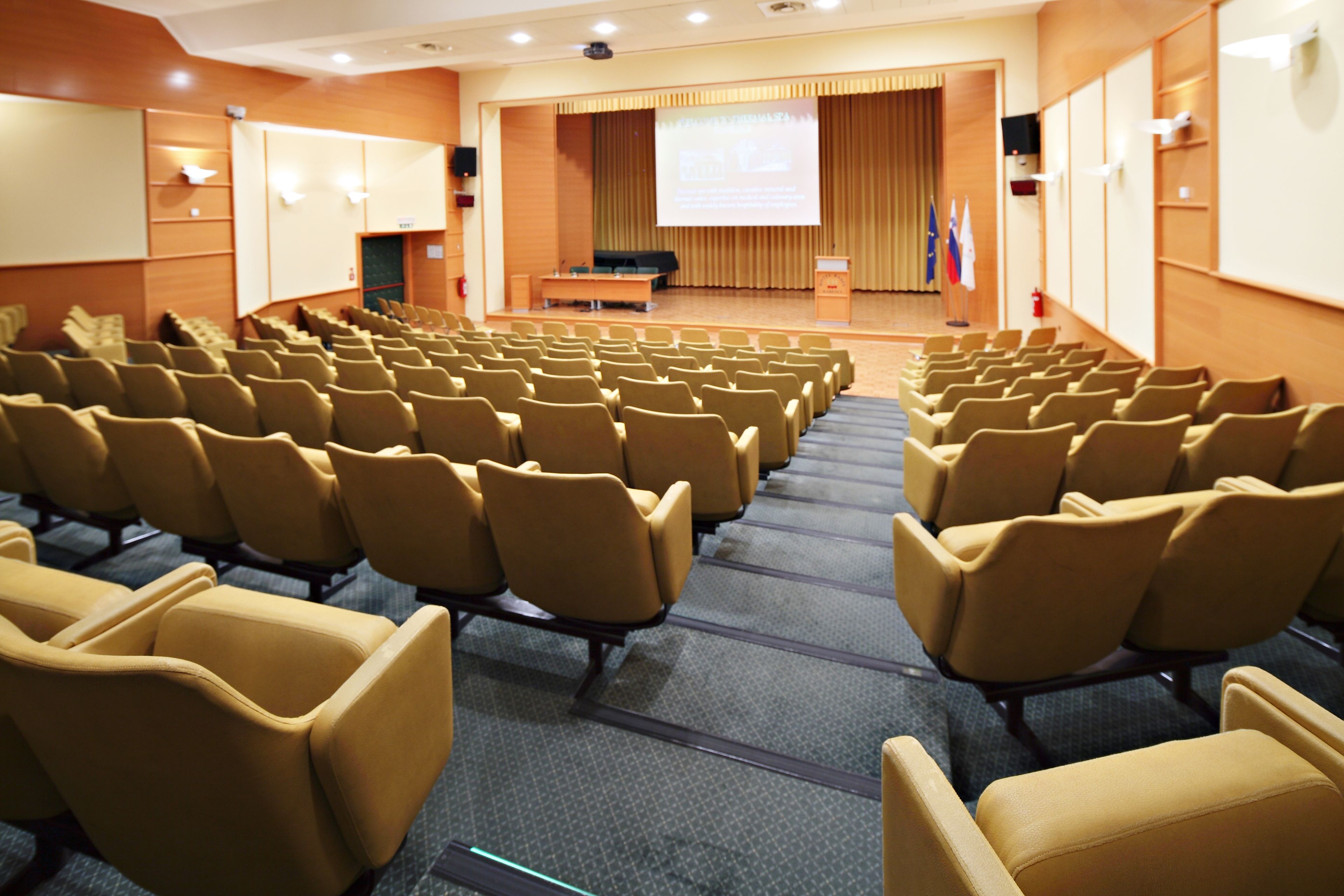 Une salle de conférence avec des rangées de chaises, un pupitre, un écran et des drapeaux.