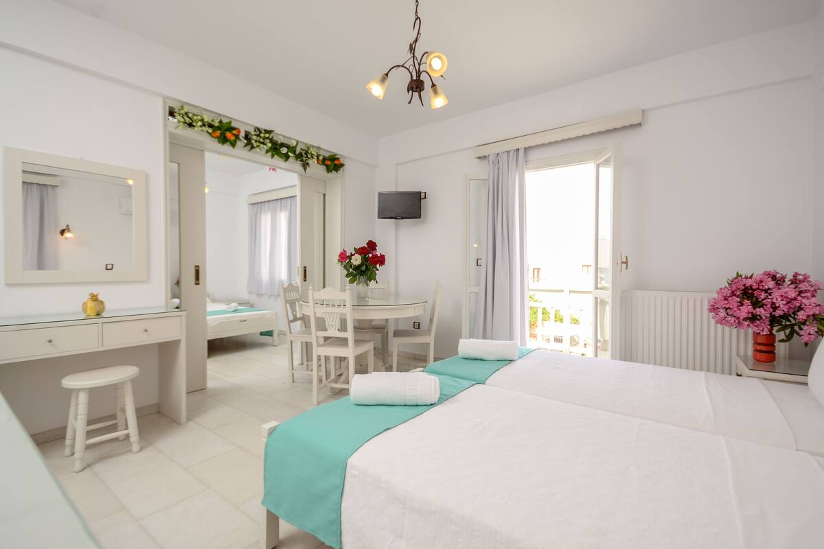 A hotel room with a bed, a desk, a chair, a TV, and a balcony with flowers.