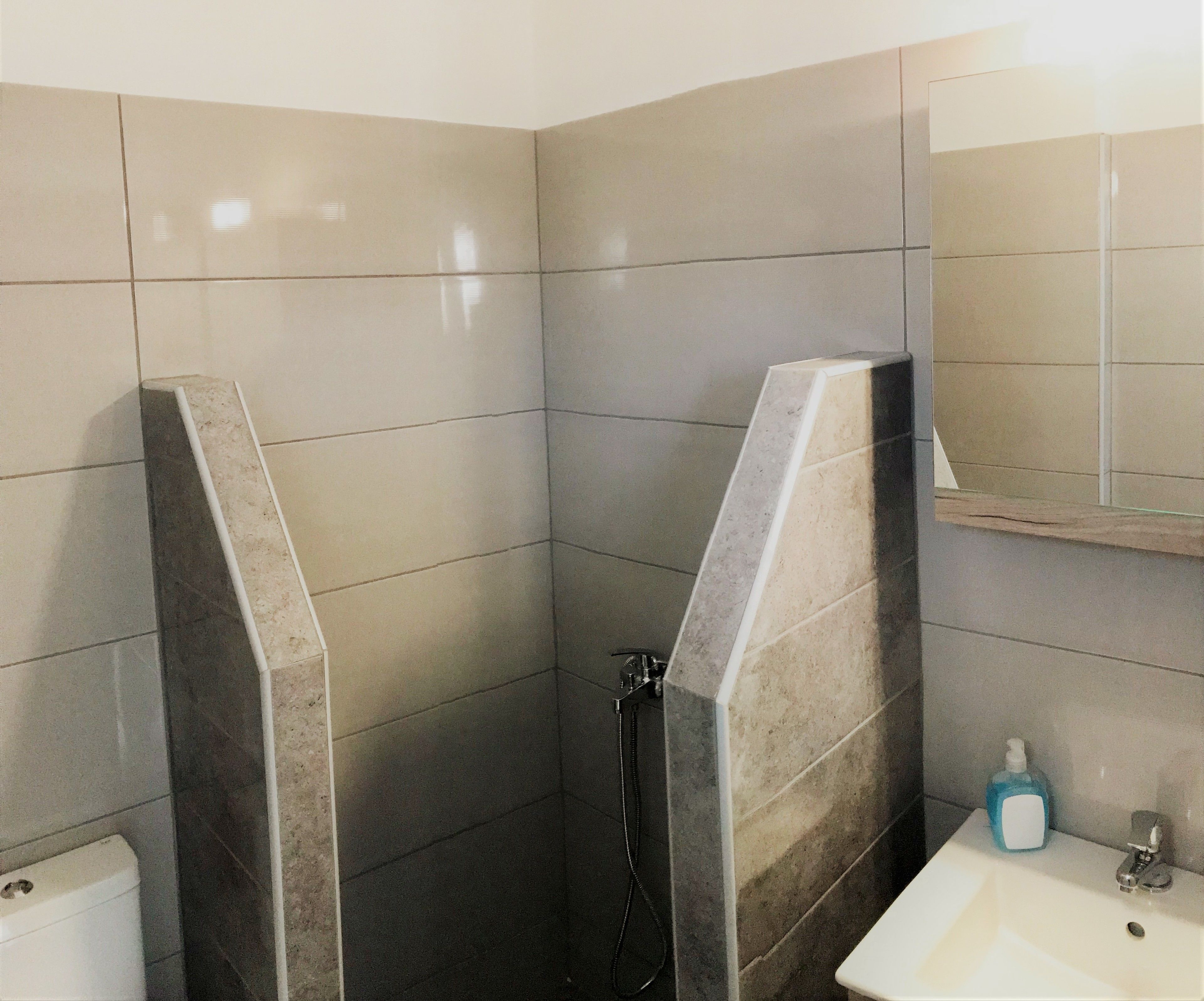A bathroom with a shower, a toilet, and a sink.