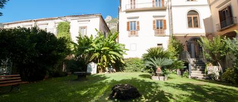 A courtyard with a grassy lawn, a bench, and a large tree.