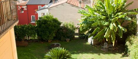 A courtyard with a view of mountains, a large banana tree, and a red building.
